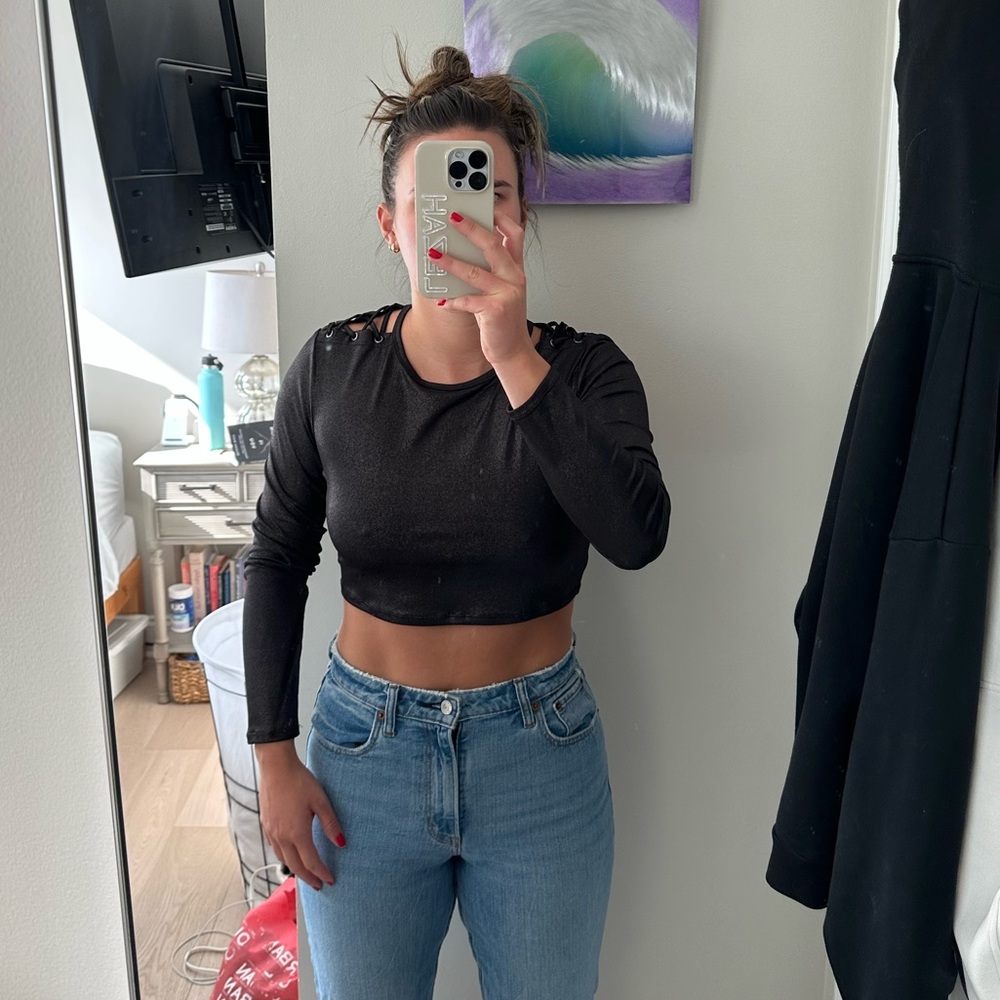 BCBG black metallic long sleeve crop top